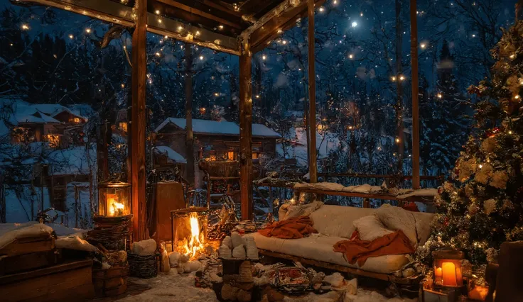 A snapshot A snapshot of a night city scene sparkling with lights decorated in a Christmas theme ,winter at night.black tones t far away there are many small houses that illuminate the snow-covered landscape and pine trees . teaching the Himalayas at night...