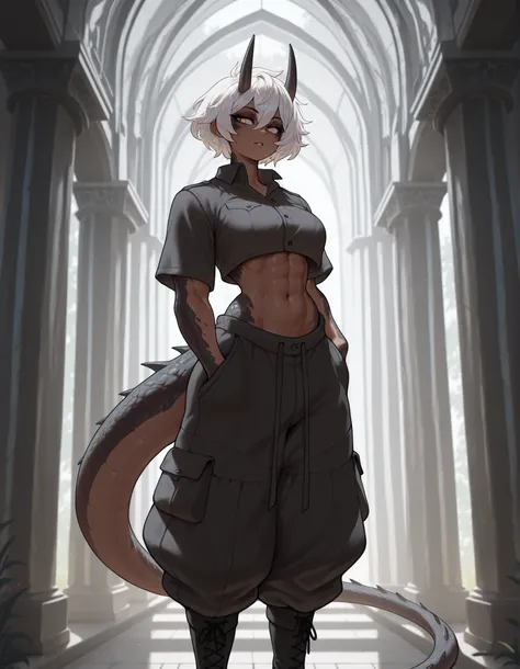 masterpiece, best quality, amazing quality, very aesthetic, absurdres, newest, scenery, extreme detail, 8k, detailed eyes, yellow eyes, by Riolutiny, female, scalie arms and neck, solo, tall, horns, extremely detailed scales, short spiky white hair, short ...
