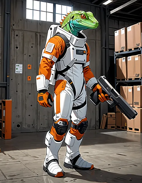 (masterpiece), (best quality), (high res), (solo, solo focus), 1male, male focus, anthropomorphic lizard, mutant, reptile, green lizard, holding weapon, Glock Pistol, matching orange gloves, white spacesuit, armor, black knee pads, white boots, midget-size...