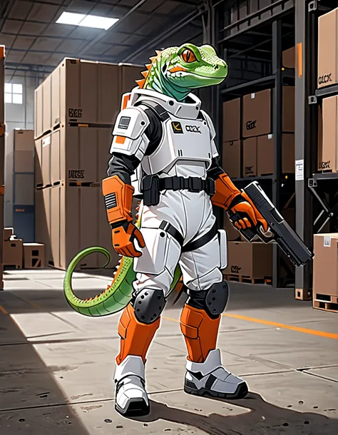 (masterpiece), (best quality), (high res), (solo, solo focus), 1male, male focus, anthropomorphic lizard, mutant, reptile, green lizard, holding weapon, Glock Pistol, matching orange gloves, white spacesuit, armor, black knee pads, white boots, midget-size...