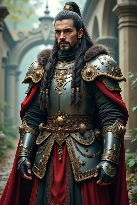 fantasy medieval armor design inspired by traditional Mongolian 'bokh' headdress, ornate and regal, intricate metalwork, flowing beads and woven cords, layered with castlecore aesthetic details aged steel, embossed patterns, embroidered fabric underlayers,...