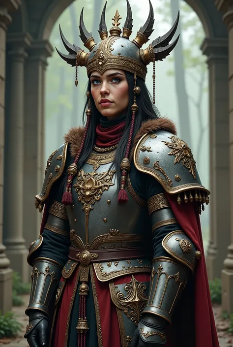 fantasy medieval armor design inspired by traditional Mongolian 'bokh' headdress, ornate and regal, intricate metalwork, flowing beads and woven cords, layered with castlecore aesthetic details aged steel, embossed patterns, embroidered fabric underlayers,...