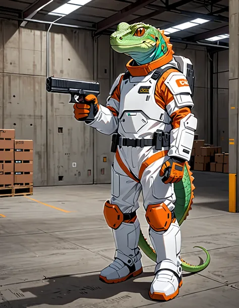 (masterpiece), (best quality), (high res), (solo, solo focus), 1male, male focus, anthropomorphic lizard, mutant, reptile, green lizard, (holding Glock Pistol), matching orange gloves, white spacesuit, armor, black knee pads, white boots, midget-sized, war...
