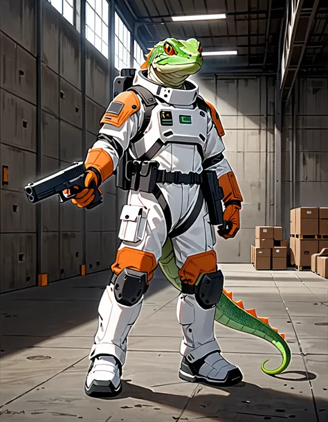 (masterpiece), (best quality), (high res), (solo, solo focus), 1male, male focus, anthropomorphic lizard, mutant, reptile, green lizard, (holding Glock Pistol), matching orange gloves, white spacesuit, armor, black knee pads, white boots, midget-sized, war...