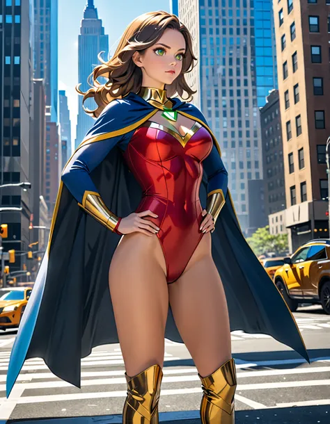 masterpiece, best quality, high res, 8k, 1girl, mature woman, perfect hands, complete fingers, perfect anatomy, perfect proportions, heroic stance, long wavy brown hair, vibrant long sleeved red superhero leotard costume with blue long sleeves, shiny fitte...