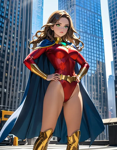 masterpiece, best quality, high res, 8k, 1girl, mature woman, perfect hands, complete fingers, perfect anatomy, perfect proportions, heroic stance, long wavy brown hair, vibrant long sleeved red superhero leotard costume with blue long sleeves, shiny fitte...