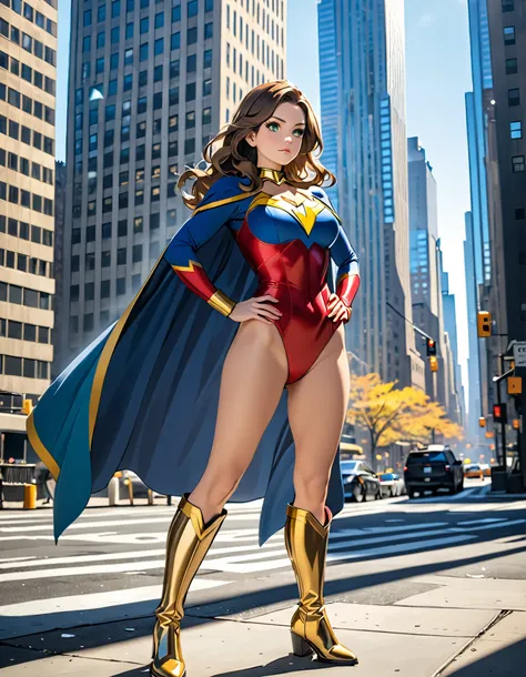 masterpiece, best quality, high res, 8k, 1girl, mature woman, perfect hands, complete fingers, perfect anatomy, perfect proportions, heroic stance, long wavy brown hair, vibrant long sleeved red superhero leotard costume with blue long sleeves, shiny fitte...