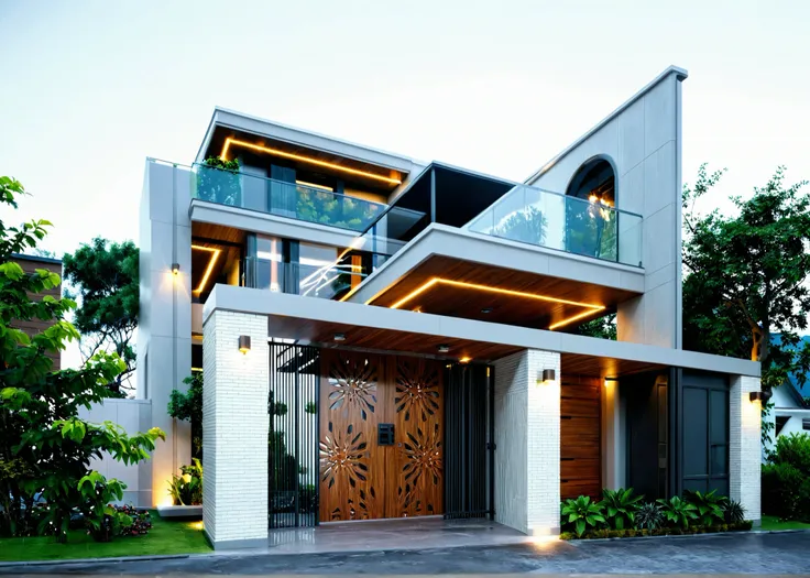 a close up of a house with a gate and a car parked in front of it, photorealistic -20, front view dramatic, an architectural, frontview, exterior design, overall architectural design, one house, mr. house, modern house, front perspective, rich house, house...