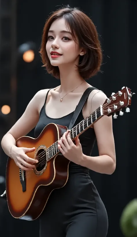 Here’s your **hyper-realistic, ultra-detailed AI image prompt** for a stunning singer with a guitar in a moody cinematic style:
---
### **Prompt:**
**"A breathtakingly beautiful young woman stands on a dark stage, passionately singing while cradling a ...