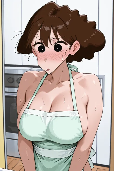 Lora: misae nohara                  dark brown hair             black eyes          she is blushing red      sweating              indoor atmosphere       cleavage    apron only            naked       big breasts          side breasts 