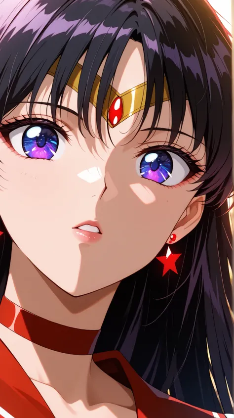 masterpiece, best quality, great quality, very aesthetic, high resolution, ultra detailed, Absard Dress, newest, 1 female, solo, Sailor Mars, (Sailor Mars costumes), chest, Butt, Thighs, deep, forward leaning posture, Watch Viewers, parted lips, black hair...