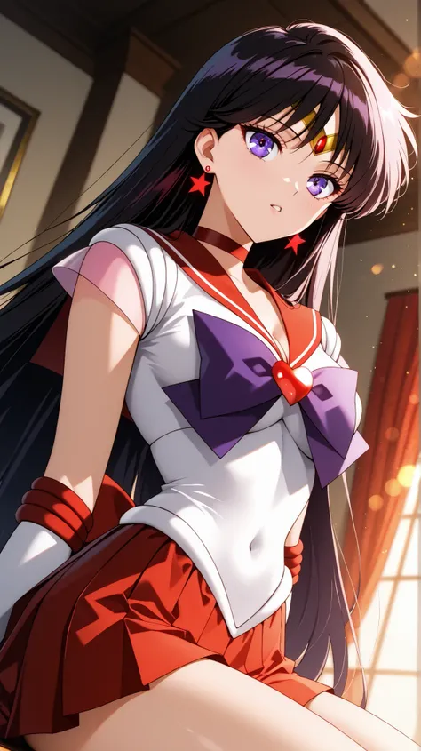 masterpiece, best quality, great quality, very aesthetic, high resolution, ultra detailed, Absard Dress, newest, 1 female, solo, Sailor Mars, (Sailor Mars costumes), chest, Butt, Thighs, deep, forward leaning posture, Watch Viewers, parted lips, black hair...