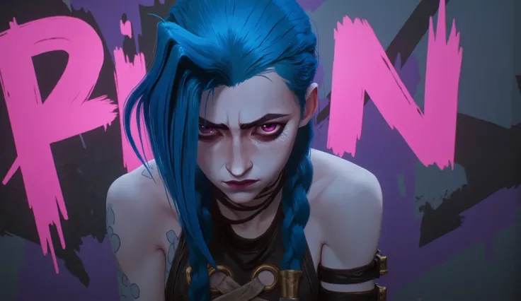 Highly detailed cyberpunk anime illustration of a rebellious blue-haired girl with piercing pink eyes , in a black graffiti neon sweatshirt . Her expression is intense , metal buckles with a mischievous smirk and battle scars on her face . The background i...