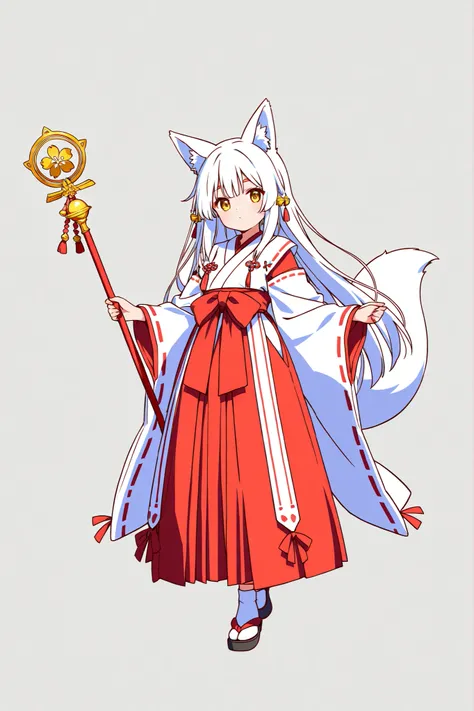beautiful anime fox girl miko, long white hair, golden eyes, traditional red and white shrine maiden outfit, fox ears, holding a staff with bells, full body, standing pose, soft lighting, clean line art, white background
