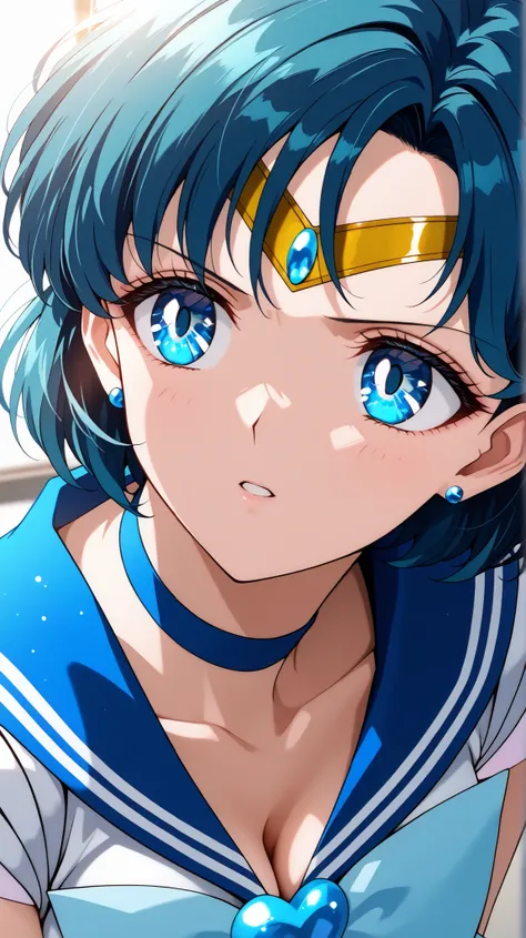 masterpiece, best quality, great quality, very aesthetic, high resolution, ultra detailed, Absard Dress, newest, 1 female, solo, SAILOR MERCURY, (SAILOR MERCURY costumes), chest, Butt, Thighs, deep, forward leaning posture, Watch Viewers, parted lips, blue...