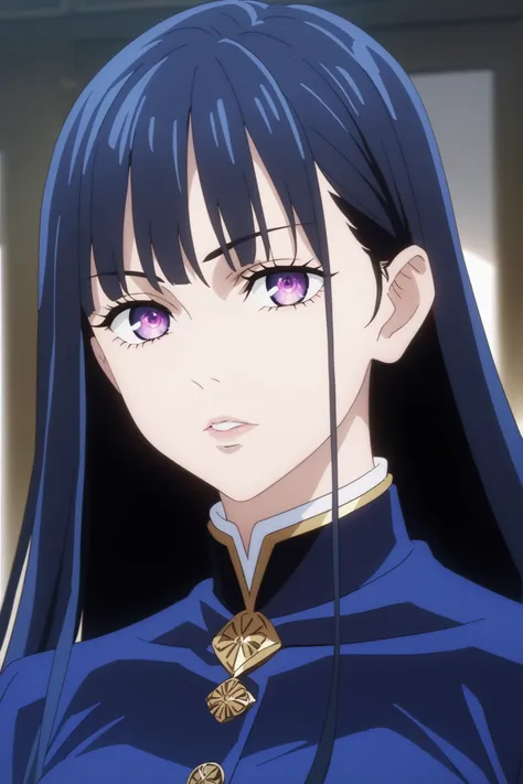black long hair, glowing purple eyes surrounded by red, gold, and blue threads like magic, female anime character, 2021 anime