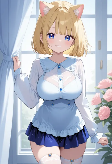 Cat ears、Bob Cut Blonde Hair、 popup、Stripes々frill dress、Ruby Embellished、starry sky 、big breasts、smile、Blue Jewel Embellished Glitter、