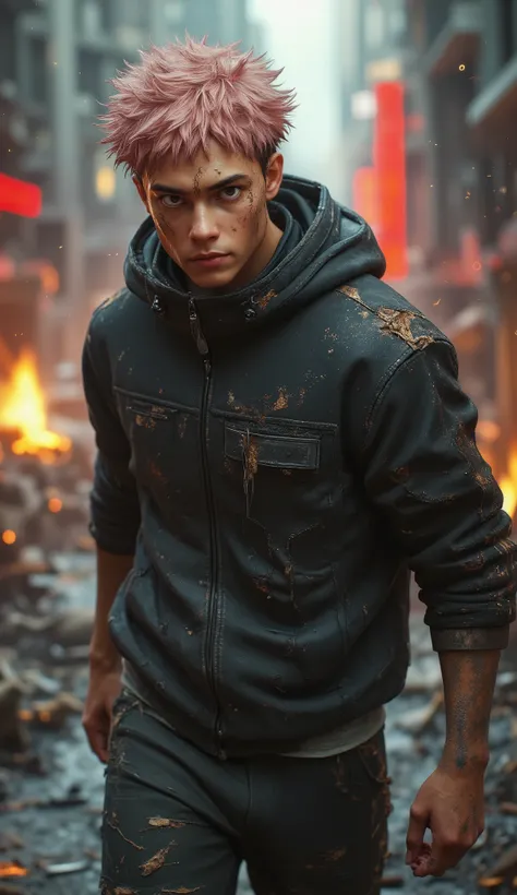 Here’s a highly detailed **Ultra-Realistic Cinematic Prompt** for **Yuji Itadori** from *Jujutsu Kaisen* in a **destroyed city**, walking with intense presence:  

---  

### **Prompt:**  
**"Ultra-realistic cinematic portrait of Yuji Itadori from Jujutsu ...