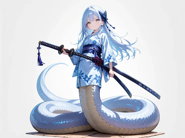 Young girl、Light blue、long hair、yukata,Young girl、lace hair ornament、lamia、No background,,full body, standing,katana,
