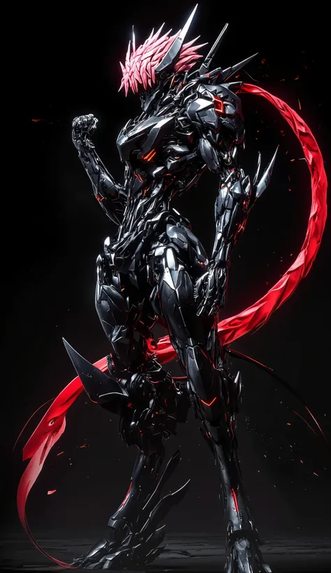 Create an illustration of a futuristic warrior character. The character features a sleek, high-tech armor design with a predominant color scheme of black and red. They have short, spiky pink hair and a face partially obscured by a high collar or mask. The ...