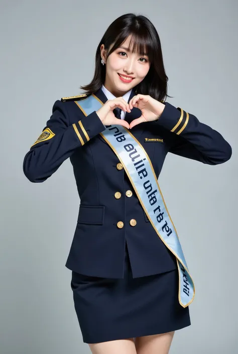 Create a portrait of a very beautiful Japanese female singer. She has a slender physique, medium-sized bust, and slim legs. Her hair is medium-length. She is dressed in a Japanese police uniform as a "one-day police chief," with a sash reading "一日警察署長." Ca...