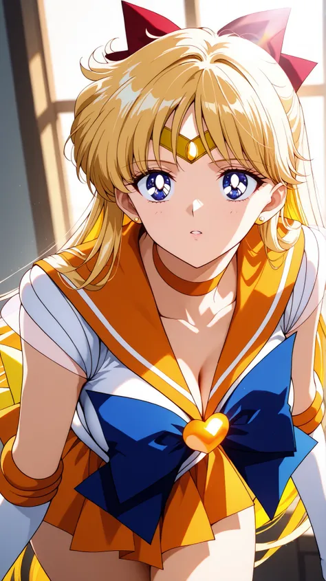 masterpiece, best quality, great quality, very aesthetic, high resolution, ultra detailed, Absard Dress, newest, 1 female, solo, Sailor Venus, (Sailor Marvenus costumes), chest, Butt, Thighs, deep, forward leaning posture, Watch Viewers, parted lips, golde...