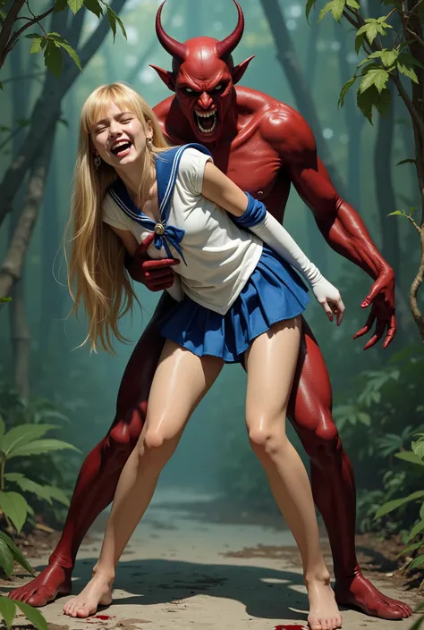 Hyperrealism, masterpiece, highest quality, A young Japanese woman is bending down and hugging from behind by a devil, ((she is crying and screaming in pain)), a bit of blood on her inner thighs, tears from her eyes, painful face, she is wearing a Sailor M...