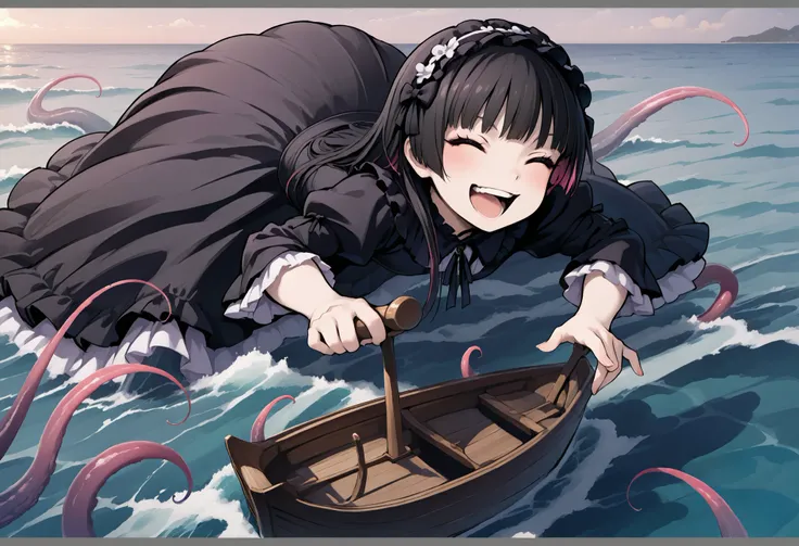 A giant girl leaning out of the sea. She's wearing a gothic dress. A dress with frills. An innocent laugh. Spider elements. Grab the ship and sink it. wooden boat. Tentacles extending from the sea. View from the ship.