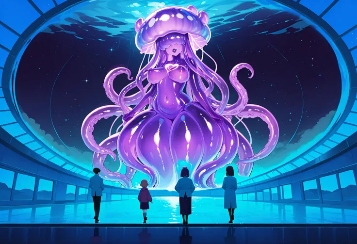 Humanoid jellyfish girl. Transparent body. Slime body. Purple image color. Hiding eyes. Purple lips. Biological luminescence. Perky breasts. A glowing core in her chest. Fluttering. Tentacles. Tentacle legs. A mouth on her head. A monster's mouth. Floating...