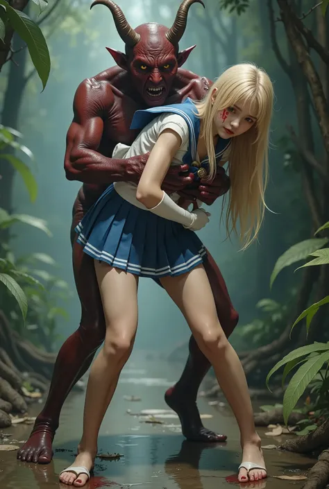 Hyperrealism, masterpiece, highest quality, A young Japanese woman is bending down and hugging from behind by a devil, ((she is crying and screaming in pain)), a bit of blood on her inner thighs, tears from her eyes, painful face, she is wearing a Sailor M...