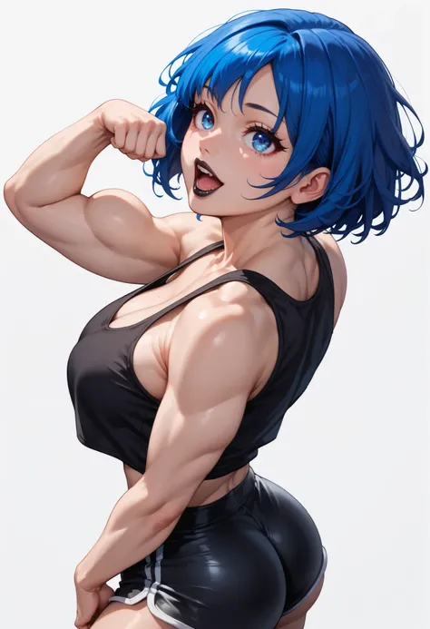 source_anime ,((White background)) White skin ((japan woman)) ((1girl)) , (solo girl) ,30 years old, rathing_questionable , Sharp long face (beautiful face:1.2), detailed eyes, (blue eyes), (Short straight blue hair:1.3) (Black tank top crop top :1.4) , (b...