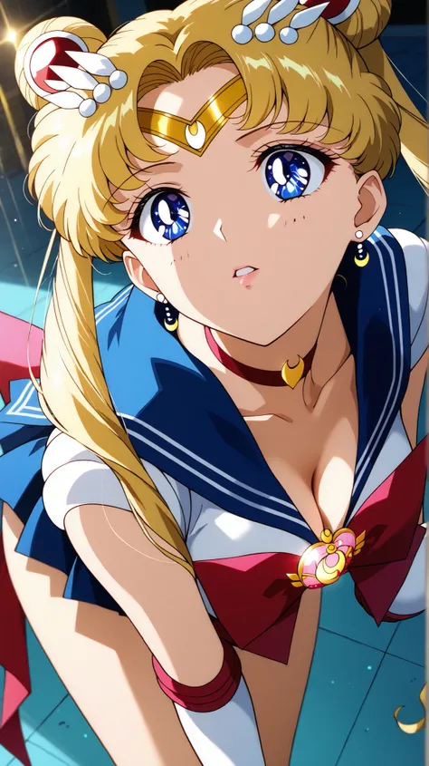 masterpiece, best quality, great quality, very aesthetic, high resolution, ultra detailed, Absard Dress, newest, 1 female, solo, sailor moon, (sailor moon costumes), chest, Butt, Thighs, deep, forward leaning posture, Watch Viewers, parted lips, golden hai...