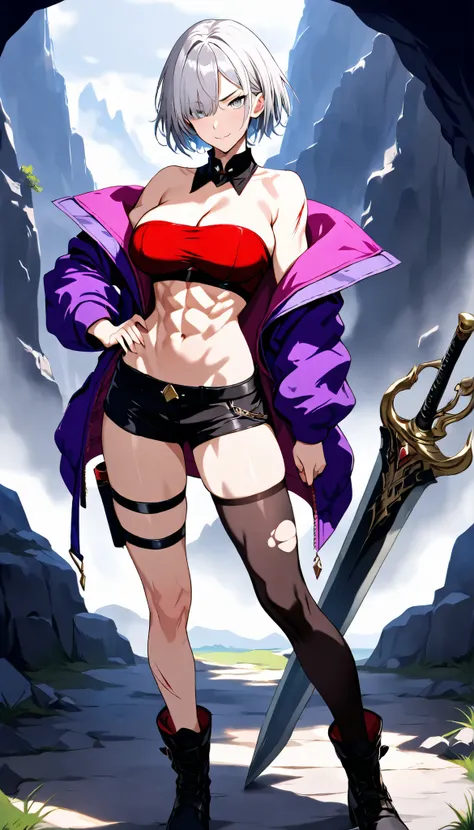 1girl,breasts,strapless,weapon,solo,purple jacket,Short jacket,thighhighs,injury,hair over left eye,bandeau,holding,tube top,holding weapon,navel,short hair,cleavage,shorts,single thighhigh,fantasy style great sword,large breasts,toned,black shorts,hand on...