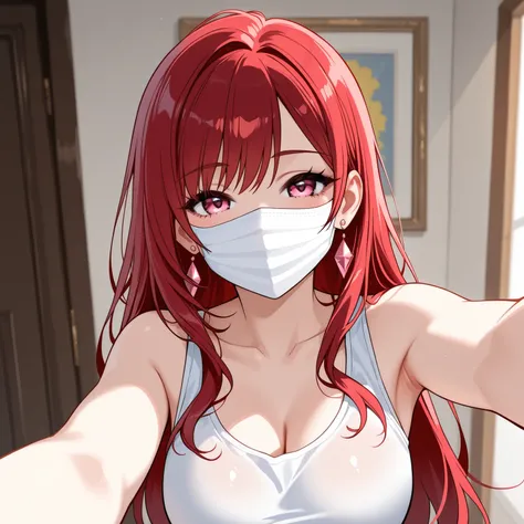 beauty Married Woman Age 30 red hair long hair charming glamour tank top sexy white mask selfie My eyes smile narrows her eyes