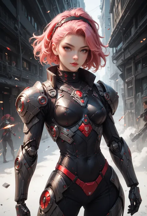 Create an illustration of a futuristic warrior character. The character features a sleek, high-tech armor design with a predominant color scheme of black and red. They have short, spiky pink hair and a face partially obscured by a high collar or mask. The ...