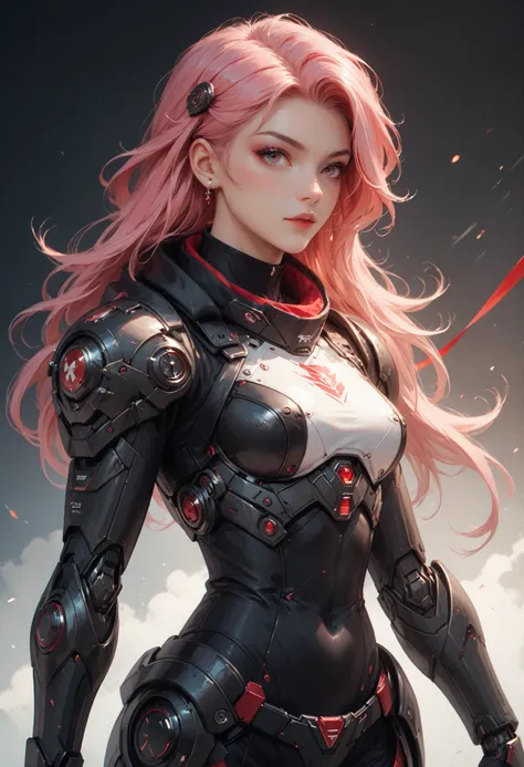 Create an illustration of a futuristic warrior character. The character features a sleek, high-tech armor design with a predominant color scheme of black and red. They have short, spiky pink hair and a face partially obscured by a high collar or mask. The ...