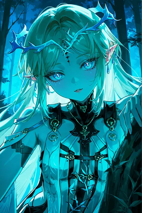 cartethyia из wuthering waves, long blond hair, very big eyes, with her eyes , hands have surprisingly wide patterns, Blue eyes , Glass retina,  sharp ears, droplet earrings, Cartethyia Outfit from Wuthering Waves,  big plump lips   , looks at the viewer, ...