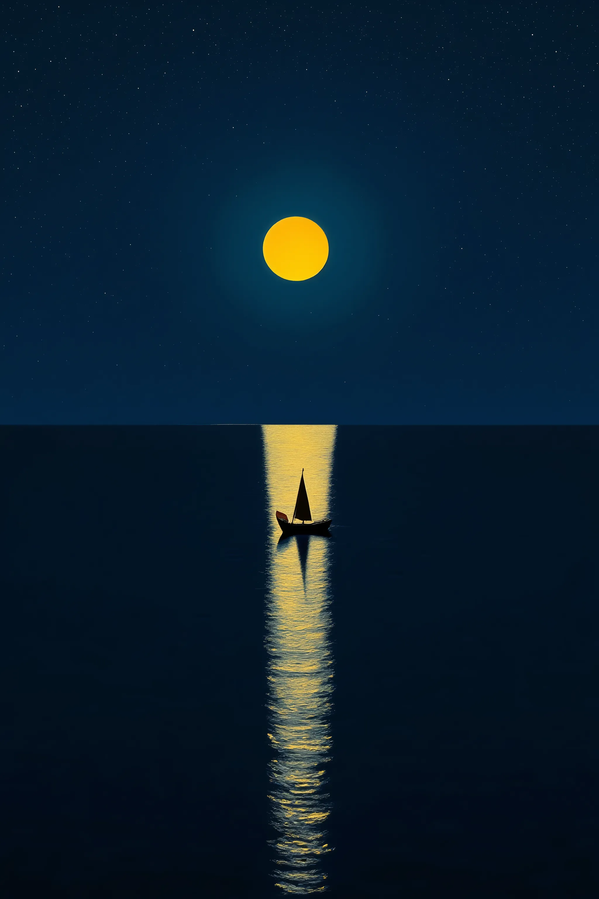 (minimal art),silent sea,Moon in front,the moon golden reflected on the water's surface,shadow of ship,navigation,moonlight,night scene,starry sky,at night,dark blue,gold,dynamic pose ,dynamic angle,Simplified painting,line art,line drawing,oil painting,Gu...
