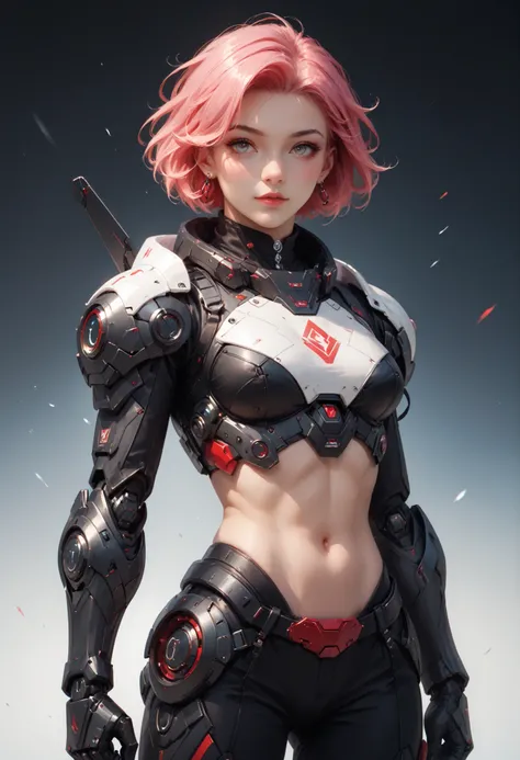 Create an illustration of a futuristic warrior character. The character features a sleek, high-tech armor design with a predominant color scheme of black and red. They have short, spiky pink hair and a face partially obscured by a high collar or mask. The ...