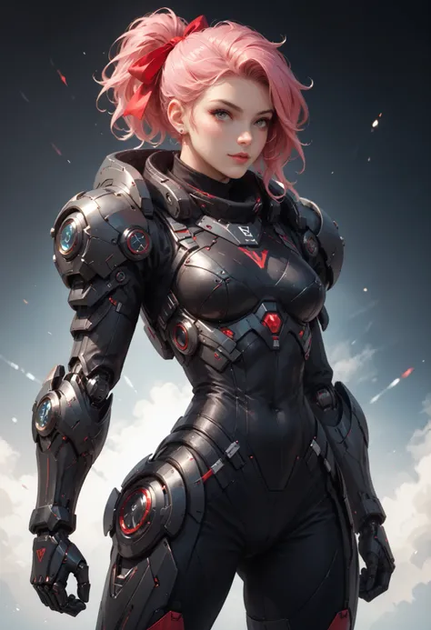 Create an illustration of a futuristic warrior character. The character features a sleek, high-tech armor design with a predominant color scheme of black and red. They have short, spiky pink hair and a face partially obscured by a high collar or mask. The ...