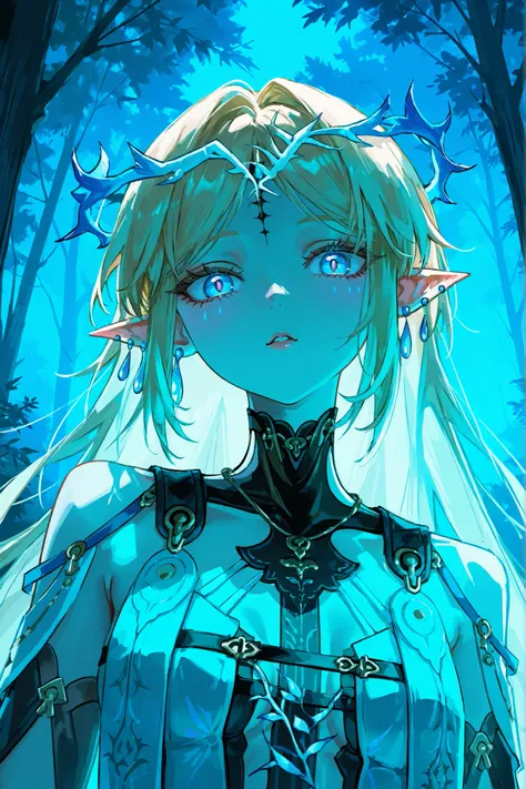 cartethyia из wuthering waves, long blond hair, very big eyes, with her eyes , hands have surprisingly wide patterns, Blue eyes , Glass retina,  sharp ears, droplet earrings, Cartethyia Outfit from Wuthering Waves,  big plump lips   , looks at the viewer, ...