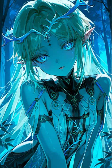 cartethyia из wuthering waves, long blond hair, very big eyes, with her eyes , hands have surprisingly wide patterns, Blue eyes , Glass retina,  sharp ears, droplet earrings, Cartethyia Outfit from Wuthering Waves,  big plump lips   , looks at the viewer, ...