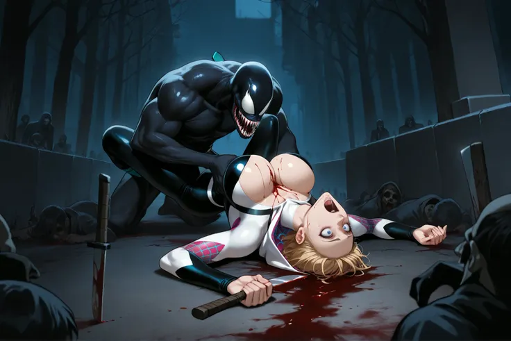 Sadistic, A giant ninja-venom slits a woman's throat, neck severed, head and body split open with blood, murdered, butchered, mutilated, ninja-venom holding knife, wounding woman, Falling down, giant ninja-venom slits a woman's throat with a knife, blood, ...