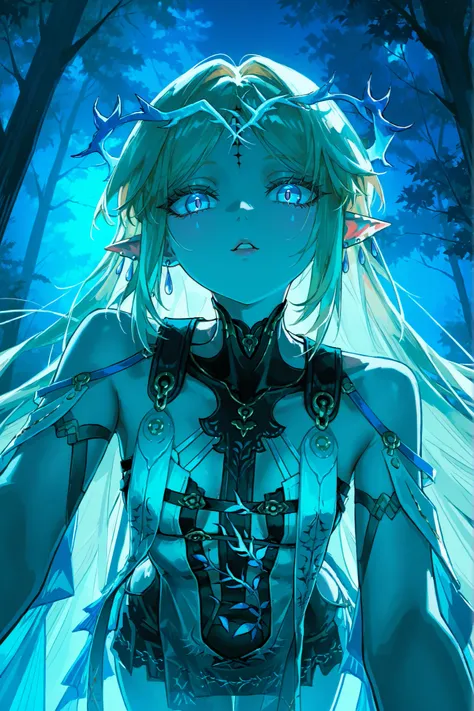 cartethyia из wuthering waves, long blond hair, very big eyes, with her eyes , hands have surprisingly wide patterns, Blue eyes , Glass retina,  sharp ears, droplet earrings, Cartethyia Outfit from Wuthering Waves,  big plump lips   , looks at the viewer, ...