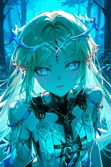 cartethyia из wuthering waves, long blond hair, very big eyes, with her eyes , hands have surprisingly wide patterns, Blue eyes , Glass retina,  sharp ears, droplet earrings, Cartethyia Outfit from Wuthering Waves,  big plump lips   , looks at the viewer, ...