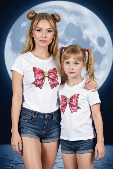 Create a highly realistic photograph featuring two girls. One is a beautiful 20-year-old with fair skin and very long straight blonde hair styled in twin buns. The other is a cute, hre daughter with fair skin, also with twin tails. Both girls are wearing ...