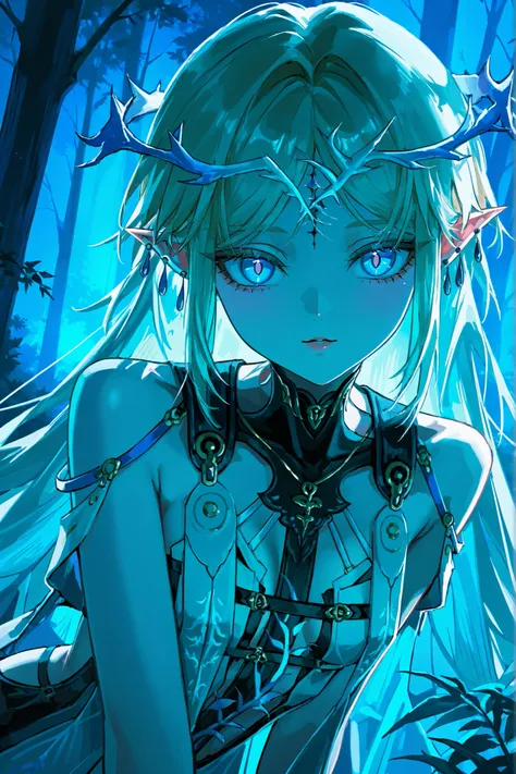 cartethyia из wuthering waves, long blond hair, very big eyes, with her eyes , hands have surprisingly wide patterns, Blue eyes , Glass retina,  sharp ears, droplet earrings, Cartethyia Outfit from Wuthering Waves,  big plump lips   , looks at the viewer, ...