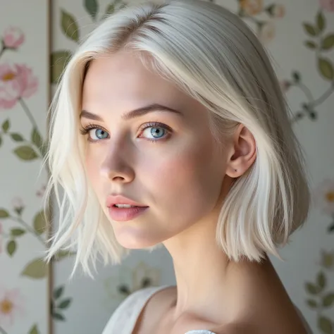 white hair, Girl, profile photo , Blue eyes, high quality image, realistic, фотоrealisticе, detailed study, portrait, warm lighting, floral background , soft focus, detailed, perfect quality, 8K, deep sharpness, smooth transitions, elegant, gentle, pure...