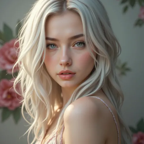 white hair, Girl, profile photo , Blue eyes, high quality image, realistic, фотоrealisticе, detailed study, portrait, warm lighting, floral background , soft focus, detailed, perfect quality, 8K, deep sharpness, smooth transitions, elegant, gentle, pure...