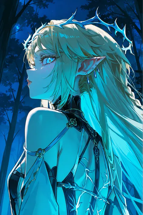 cartethyia из wuthering waves, long blond hair, very big eyes, with her eyes , hands have surprisingly wide patterns, Blue eyes , Glass retina,  sharp ears, droplet earrings, Cartethyia Outfit from Wuthering Waves,  big plump lips   , looks at the viewer, ...